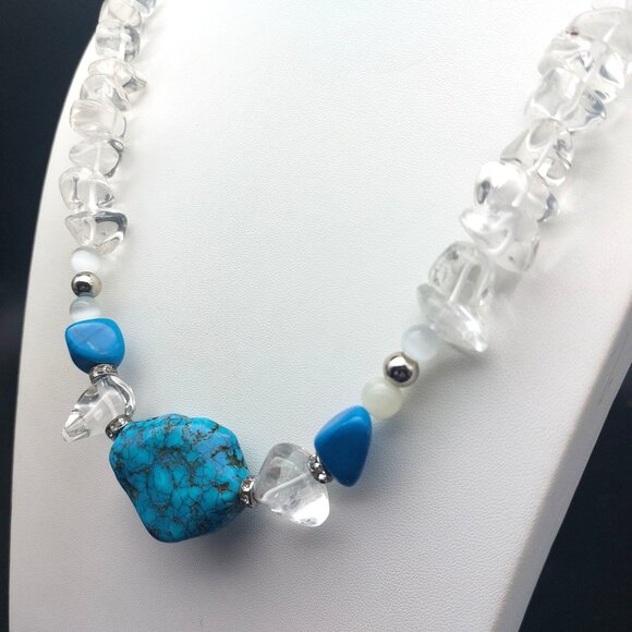 Vintage Turquoise & Clear Quartz Beaded Necklace With Chunky Stones Handmade - Picture 1 of 8